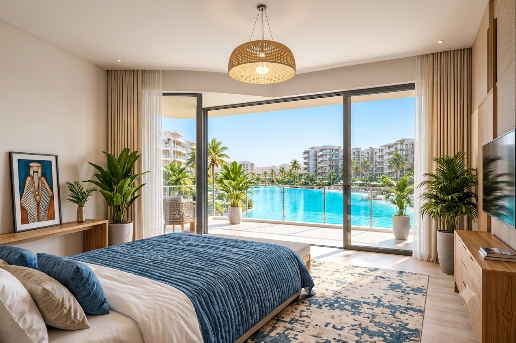 Bedroom opening to the lagoon at Azizi Venice