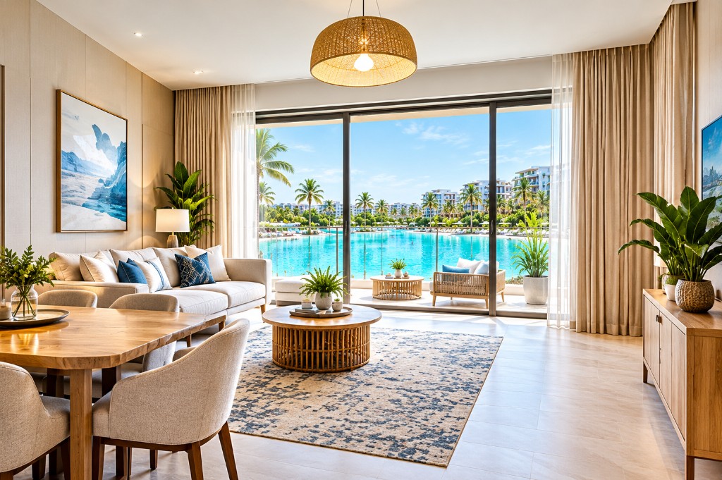 Living room with lagoon views at Azizi Venice