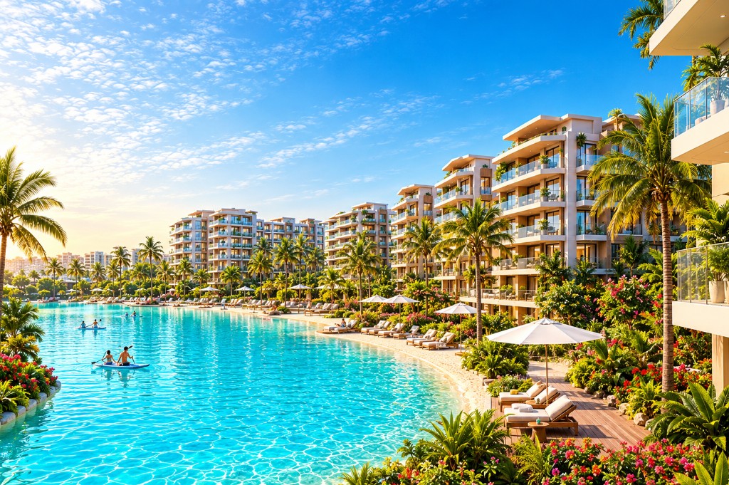 Resort beach and lagoon at Azizi Venice