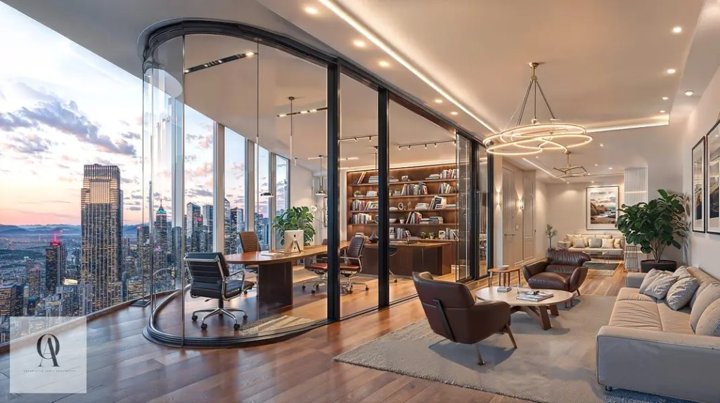 Penthouse living space with skyline views